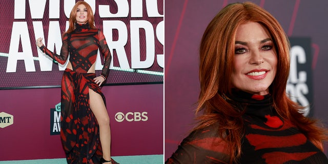 Shania Twain made a statement wearing a red dress with a thigh-grazing slit at the CMT Music Awards.