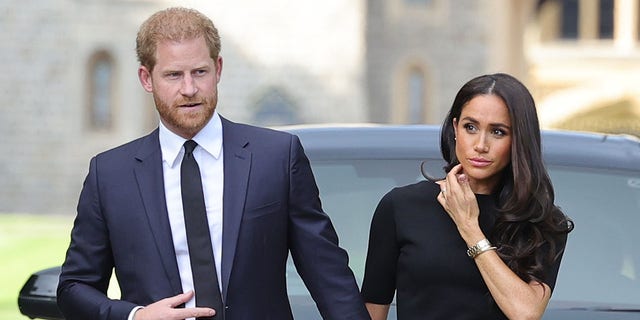 Prince Harry in a navy suit and tie holds Meghan Markle's hand, wearing a dark dress after the Queen passed away