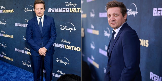Jeremy Renner wears a blue suit and uses a cane at the premiere of "Rennervations."