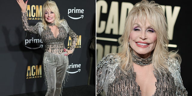 Dolly Parton rocks sparkling silver pantsuit with plunging neckline at American Country Music Awards
