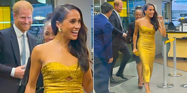 Meghan Markle wears gold strapless gown with Prince Harry