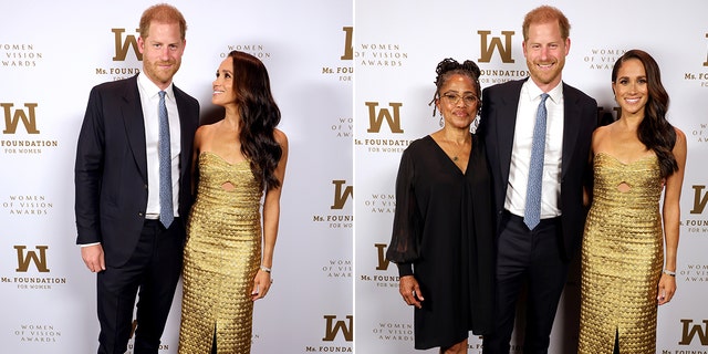 Meghan Markle looks up at her husband on the red carpet at the Ms. Foundation Women of Vision Awards split Prince Harry is in the middle of his mother-in-law Doria and Meghan Markle in a gold gown