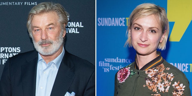 Alec Baldwin in a dark suit with a light blue shirt and blue pocket square and bushy beard split Halyna Hutchins in a dark green shirt with flowers