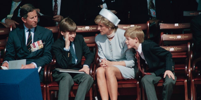 princess diana sitting with prince charles and young harry and william