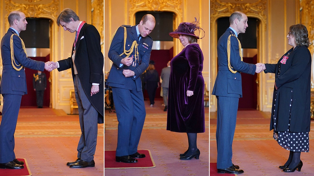 Prince Harry with honorees of the investiture ceremony at Windsor Castle in three separate pictures