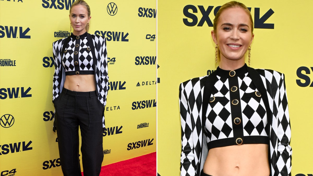 Emily Blunt wearing a checkered crop top on the red carpet