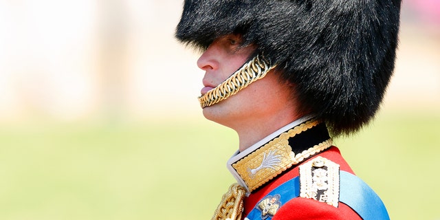A close-up of Prince William in a red uniform and a bearskin hat