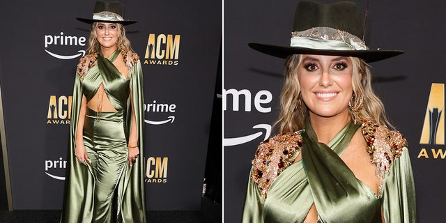 Lainey Wilson sports green silk pantsuit with halter neckline and cowboy hat
