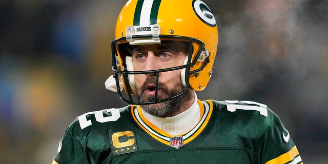 Aaron Rodgers of the Green Bay Packers warms up before a game against the Detroit Lions at Lambeau Field Jan. 8, 2023, in Green Bay, Wis.