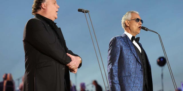 Bryn Terfal and Andrea Bocelli perform on stage during the Coronation Concert