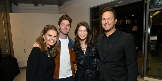 From left to right, Maria Shriver, Patrick Schwarzenegger, Katherine Schwarzenegger and Chris Pratt attend the Netflix premiere of "Unstable."