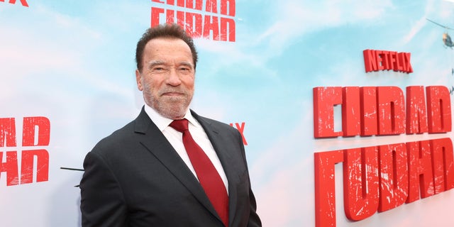 Arnold Schwarzenegger smiling on red carpet.
