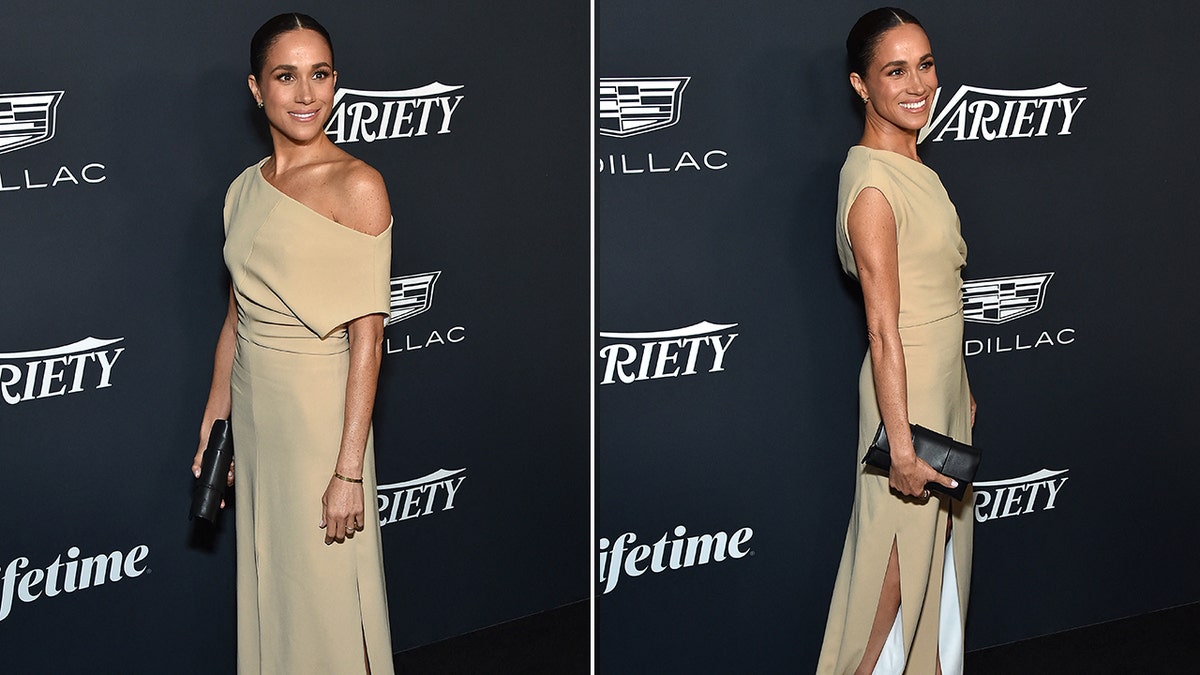 a side-by-side split photo of Meghan Markle on the red carpet
