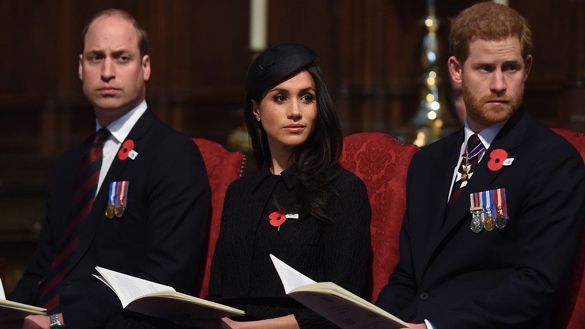 Prince William, Meghan Markle and Prince Harry looking serious