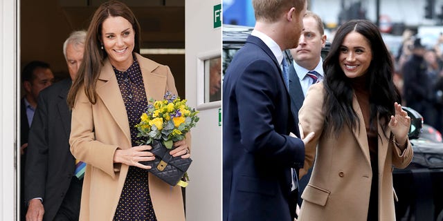 Kate Middleton in tan coat split with Meghan Markle in tan coat