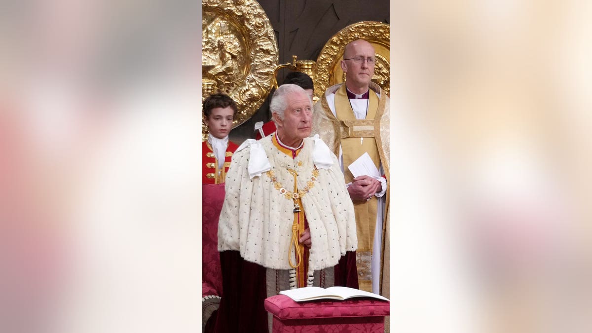 King Charles III during his coronation ceremony at Westminster Abbey, London