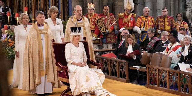 Queen Camilla is crowned with Queen Marys Crown during her coronation ceremony