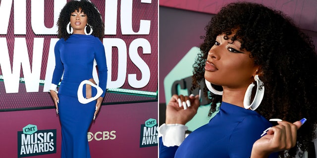 Megan Thee Stallion rocked a bright blue dress for the CMT Music Awards.