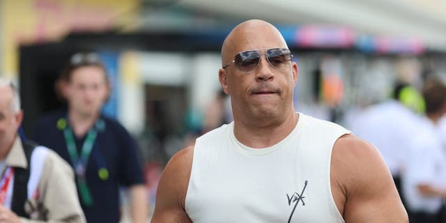 Fast and Furious star Vin Diesel wore a white shirt and sunglasses at F1 race