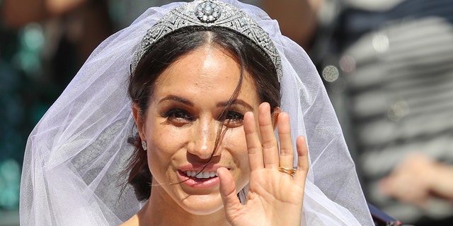 A close-up of Meghan Markle in her bridal gown