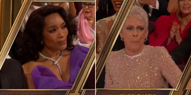 Angela Bassett looks sad in her purple dress in her seat at the Oscars split Jamie Lee Curtis looks shocked when she wins the Oscar for Best Supporting Actress