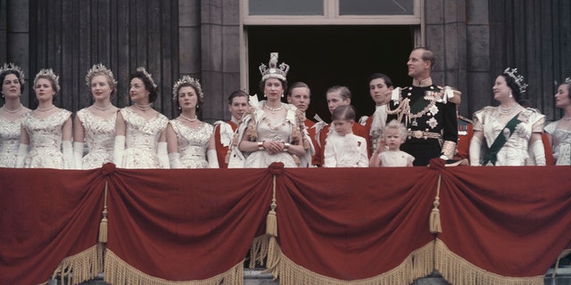 The royal family standing on the balcony after Queen Elizabeth's coronation
