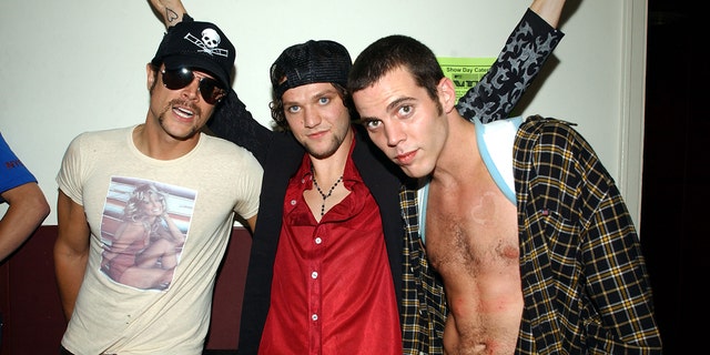 Bam Margera poses with Johnny Knoxville and Steve-O at MTV Video Awards