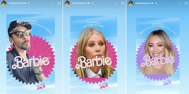 Matthew Koma inserted his face, along with Gwyneth Paltrow's and Hilary Duff's into the viral "Barbie" posters released Tuesday.