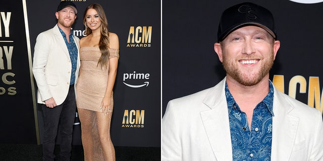 Cole Swindell wears white blazer and blue button-down shirt at ACM Awards with fiancee Courtney Little in a sheer nude dress