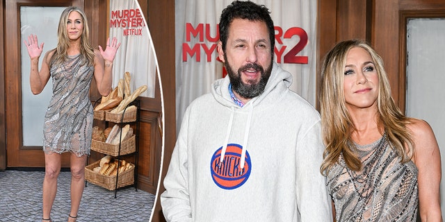 Jennifer Aniston rocked a semi-sheer chain dress at the premiere of "Murder Mystery 2," alongside Adam Sandler.