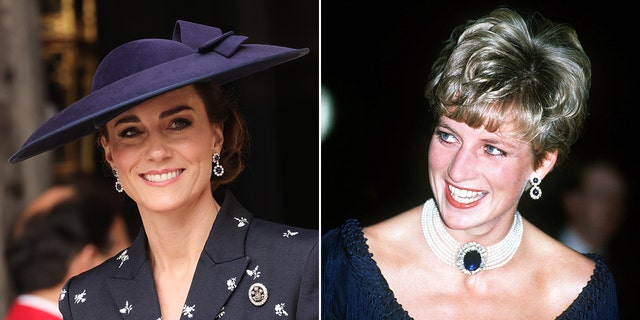 Kate Middleton at Westminster Abbey wearing a pair of diamond and sapphire earrings that previously belonged to Princess Diana split Princess Diana wearing choker and the same earrings