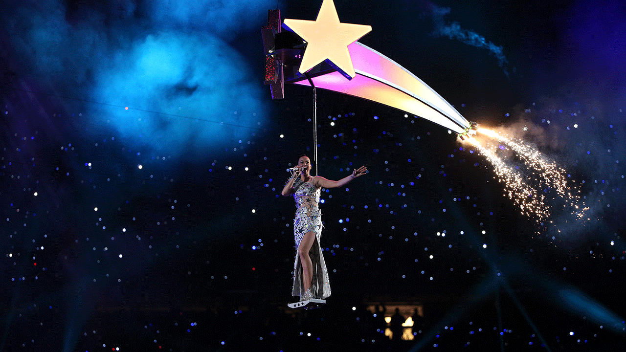 Katy Perry performing at the Super Bowl halftime show