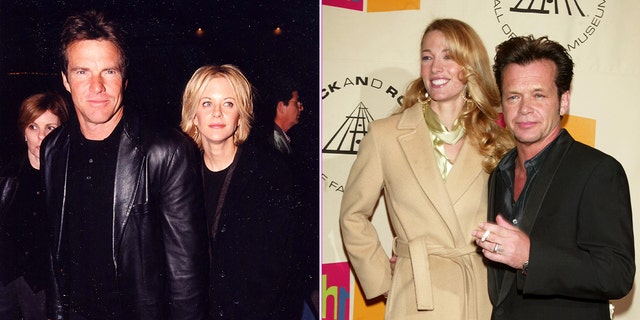 Dennis Quaid and Meg Ryan in black holding hands in 1998 split John Mellencamp and his wife Elaine Irwin on the carpet in 2004