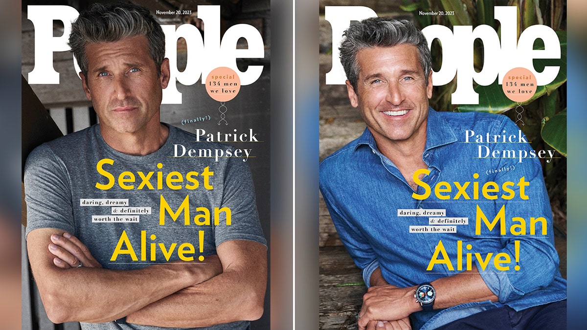 Patrick Dempsey in a grey shirt on the cover of People Magazine's 'Sexiest Man Alive' issue split Patrick Dempsey in a jean shirt on another cover of People Magazine's 'Sexiest Man Alive' issue