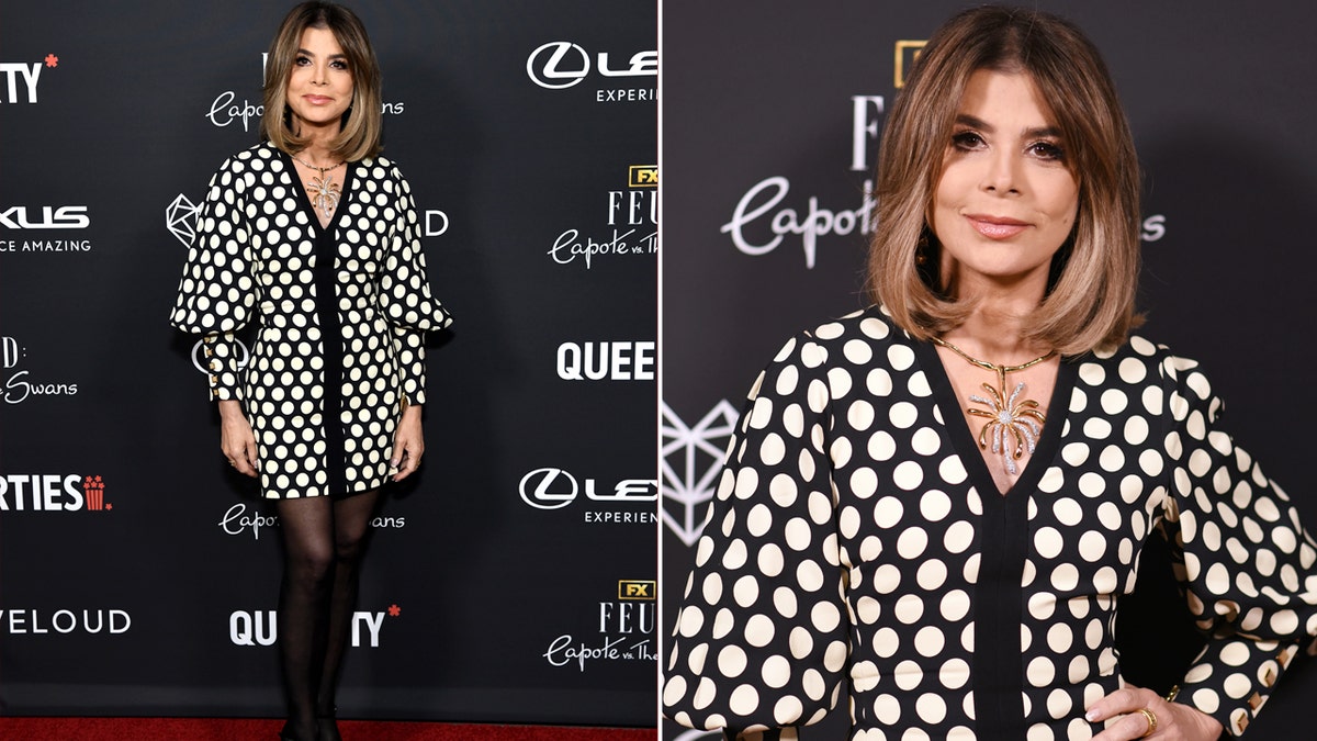 Paula Abdul wearing a checkered dress on the red carpet
