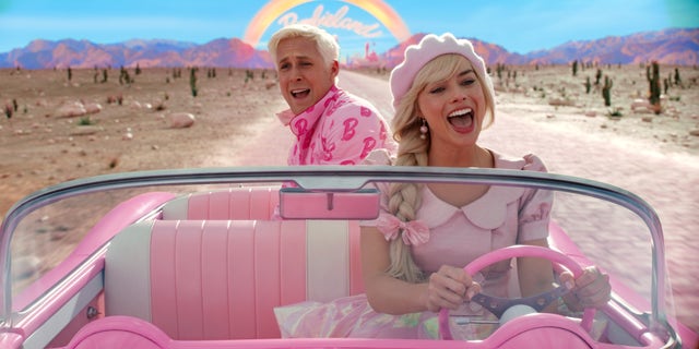 Ryan Gosling and Margot Robbie in character as Ken and Barbie from the Barbie movie