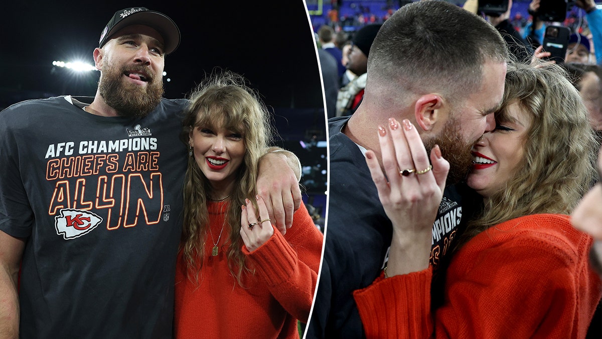 Taylor Swift holds on to Travis Kelce as they walk on the field